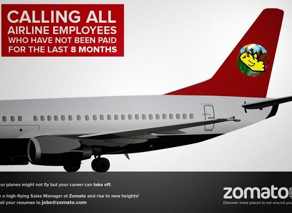 A Zomato Ad that attempted to poach employees from Kingfisher, a struggling Indian airline