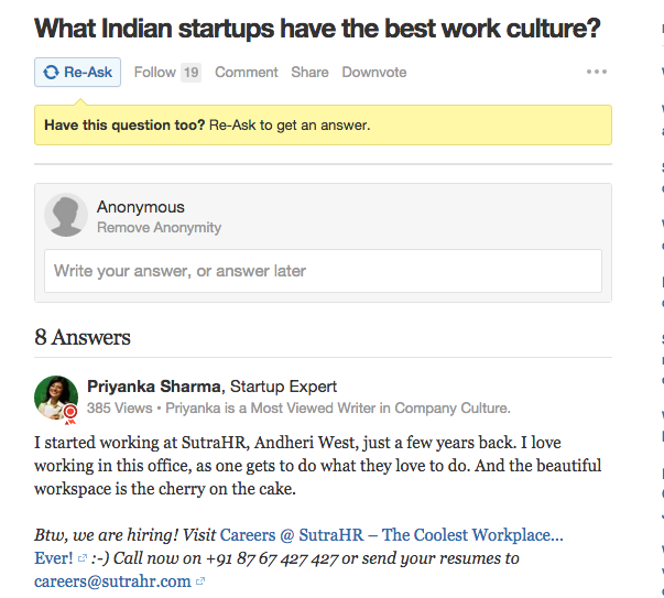 A SutraHR employee gushing about the company on Quora