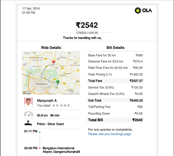 a screenshot of an Ola invoice